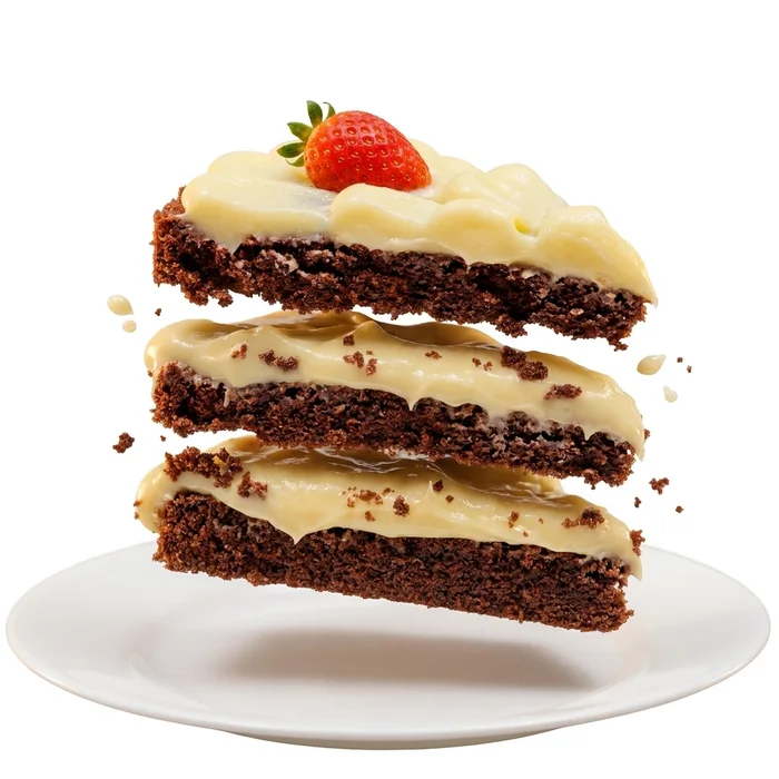 Fatia de bolo de chocolate em camadas com creme e morango